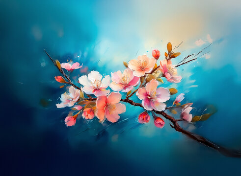 This image depicts a blossoming branch with soft, pastel-colored petals. The background is a blend of blues, creating a dreamy, painterly aesthetic. The composition captures a moment of springtime bea