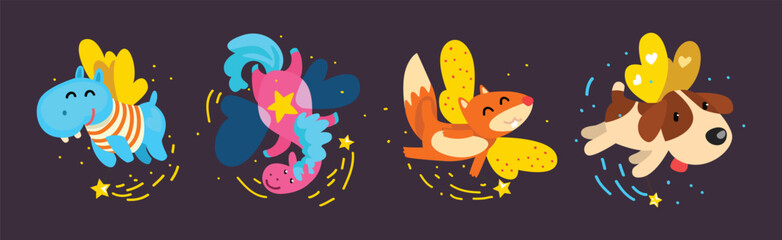 Funny Animal Fairy or Pixie with Wings Vector Illustration Set