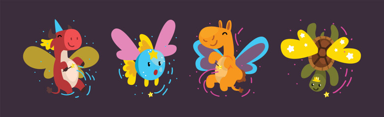 Funny Animal Fairy or Pixie with Wings Vector Illustration Set