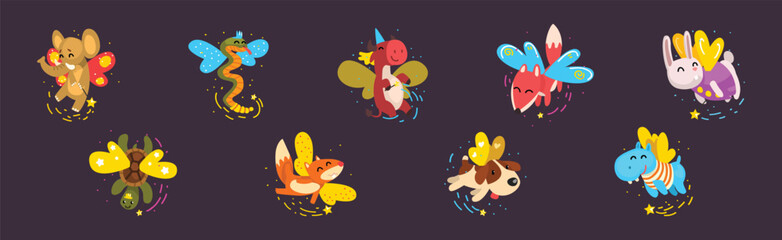 Funny Animal Fairy or Pixie with Wings Vector Illustration Set