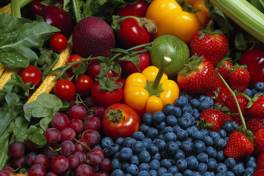 Flavonoids antioxidant. Inflammation bioactive. Cell metabolism. Protection benefit. Colorful fruits and vegetables showcasing flavonoids and health benefits.