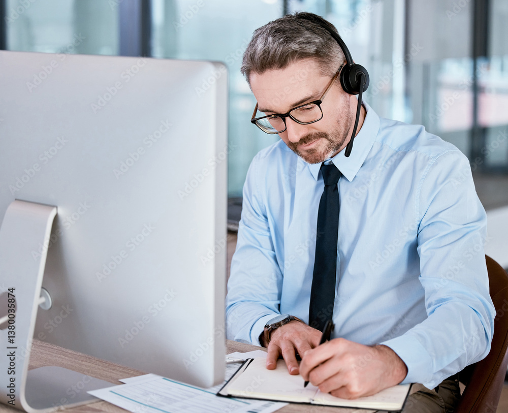 Aufkleber customer service, call center and man on computer for writing notes, planning and sales consulting. 