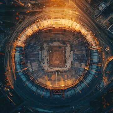 a drone shot of a massive stadium being built