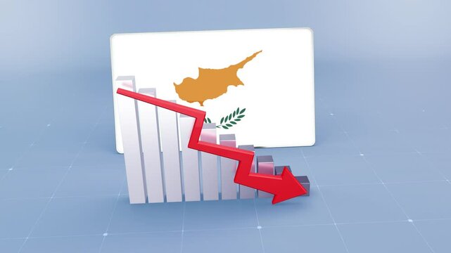 Cyprus Country Flag and Bar Chart Graph Showing Decreasing Values a Red Arrow Economic Crisis Concept. Flag of the Cyprus