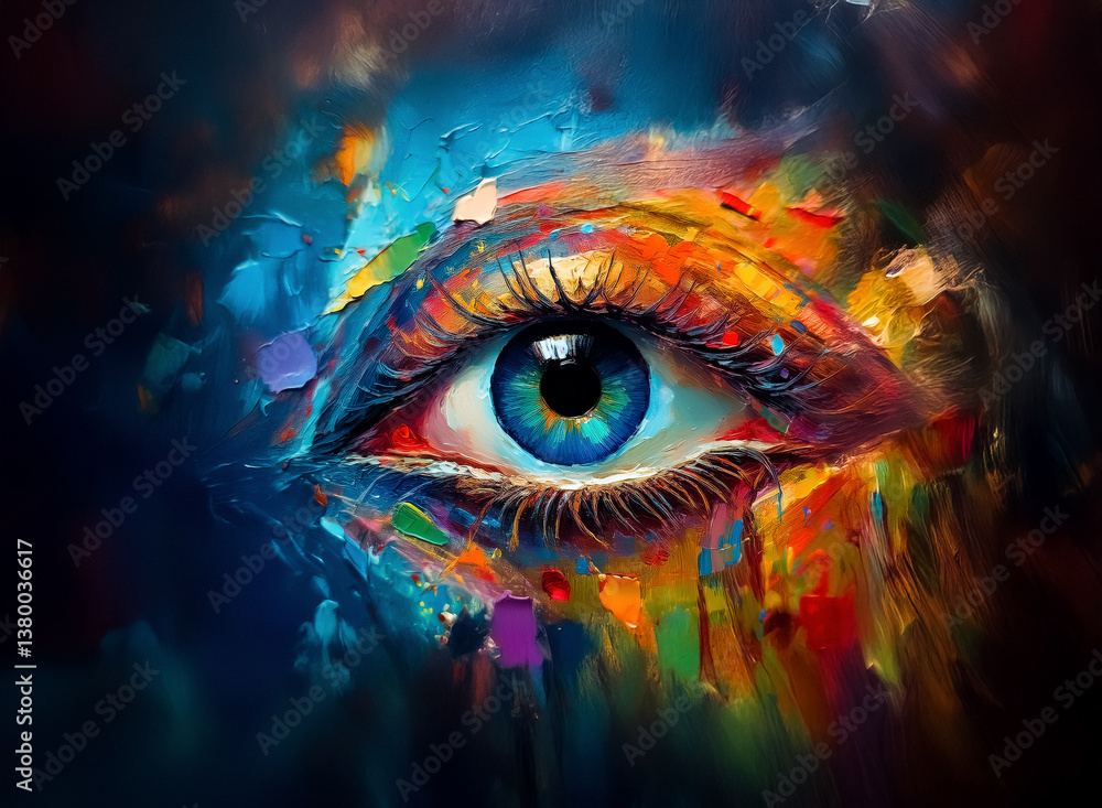 Poster here's a description and the keywords: a colorful artwork of an eye, using vibrant paint strokes to 