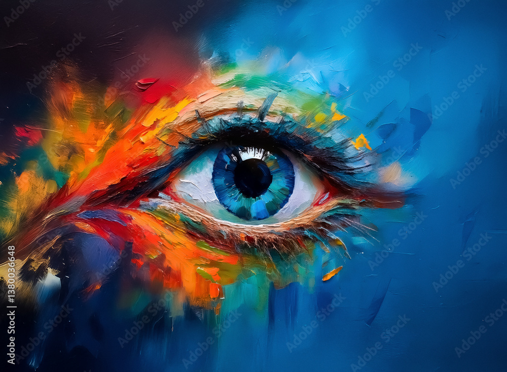 Poster A vibrant, abstract painting depicting an eye. Hints of primary colors burst from it, creating a dramatic contrast with the deep blues surrounding it. The eye gazes with emotion.