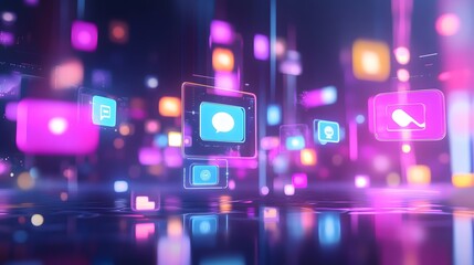 Digital Universe: Neon-lit icons and digital concepts dance in a futuristic cyberspace, highlighting the interconnectedness of the modern technological landscape.