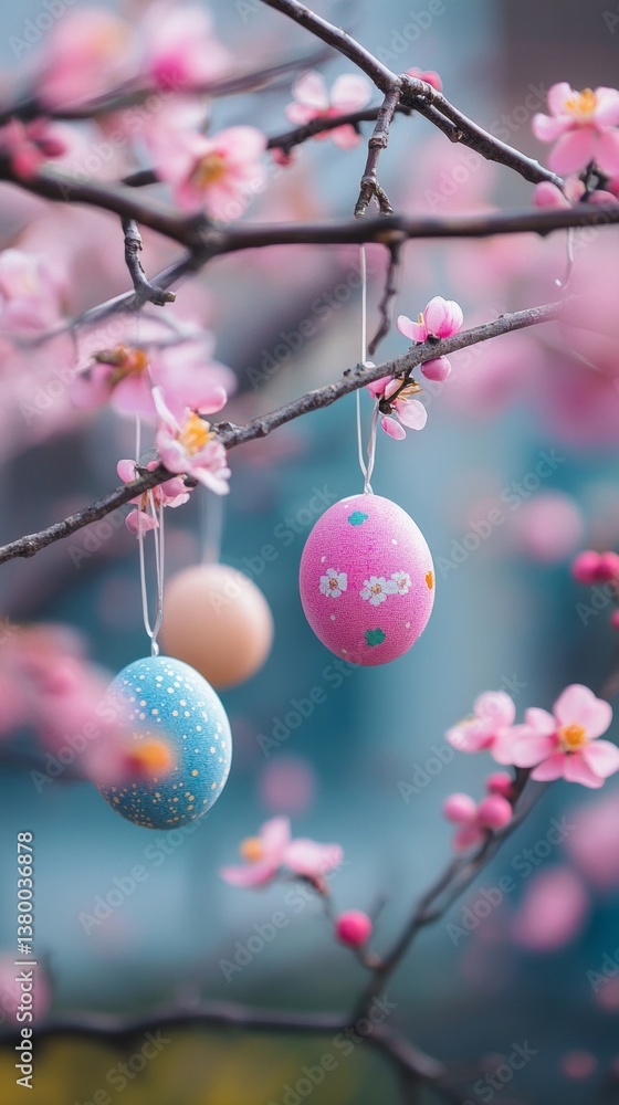 Poster brightly colored easter eggs dangle elegantly from branches adorned with lush pink cherry blossoms, 