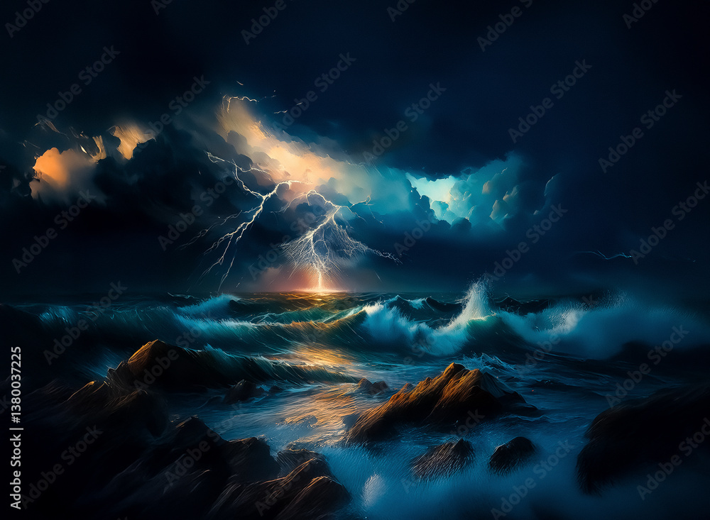 Poster a dramatic seascape, waves crash against rocky shores under a stormy sky. vivid lightning strikes, i