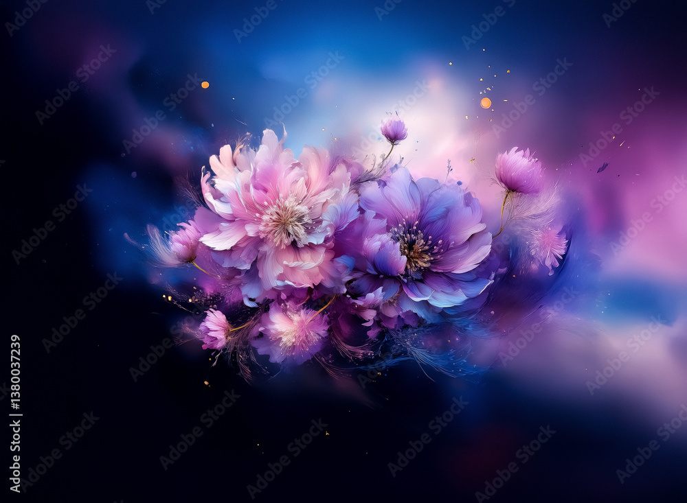 Aufkleber vibrant, abstract flowers burst from darkness, a fusion of colors and light. soft petals contrast wi