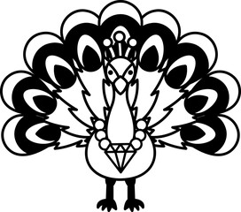 isolate black and white illustration of Peacock with diamond necklace