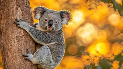 An adorable koala bear is clinging to a tree trunk