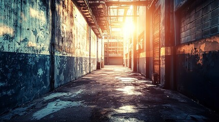 A long industrial corridor illuminated by bright natural sunlight