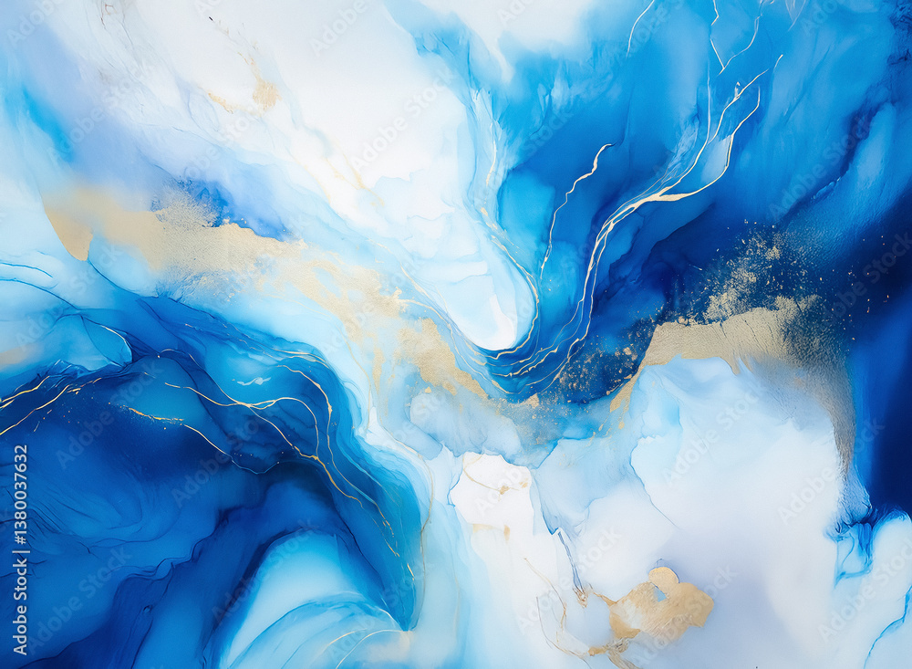 Aufkleber Here's a description and keywords for the abstract art image:

A dreamy composition of flowing blues and whites accented with gold lines evokes a sense of depth. Hints of ethereal movement create a fl