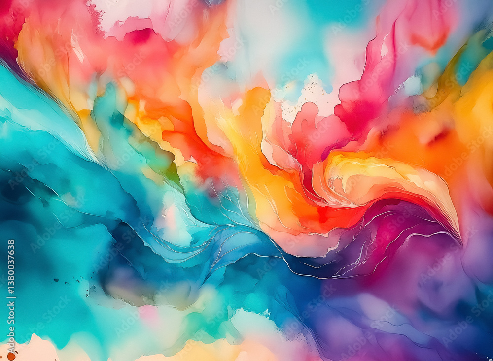 Poster Here's a description and keywords:

An abstract watercolor painting displaying a vibrant array of colors. Shades of blue, pink, orange, and yellow blend smoothly, giving a dreamy, cloud-like effect. T