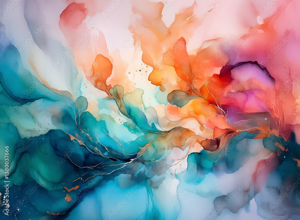 Aufkleber An abstract artistic image showcasing flowing, colorful forms. This artwork has a soft texture, featuring layers of vibrant hues blending seamlessly. Hints of gold add luxury and depth.