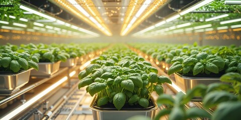 Indoor hydroponic farm with rows of thriving basil and other herbs in individual pots under bright grow lights.