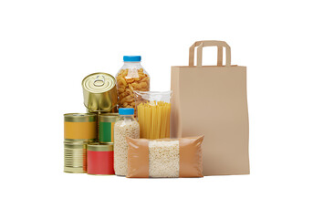 Bundle of non-perishable food items in a grocery bag for donation on white background