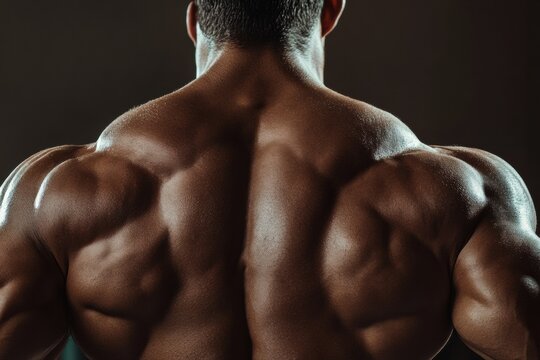 Muscular male back flexing under strong light showcasing glossy skin and high contrast shadows during a fitness competition