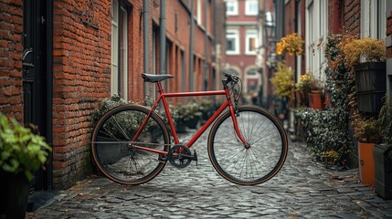 Fototapeta premium Retro red bicycle by a cobblestone wall, black and white tones evoke timeless nostalgia.
