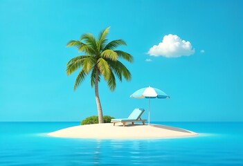 Fototapeta premium Generative AI image of a serene tropical island getaway with palm trees and a chaise lounge