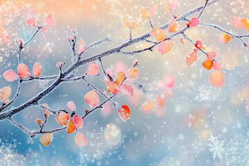 Winter branches with frosted leaves and falling snow. Soft focus, pastel colors