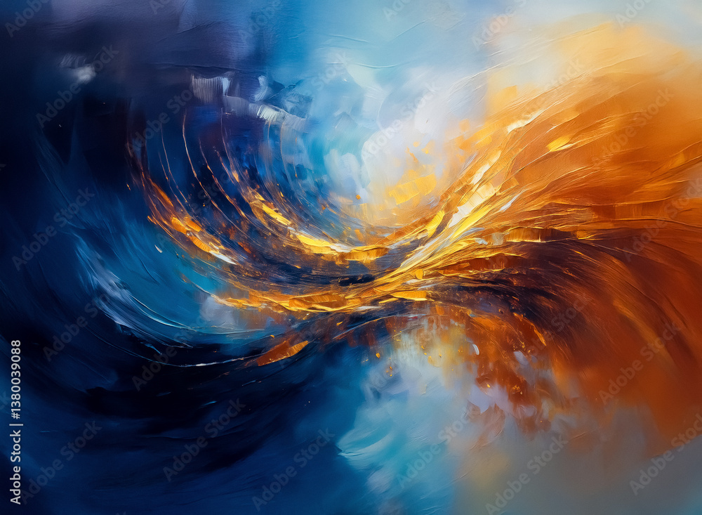 Poster an abstract painting of swirling colors and textures, like energy and chaos. dominant hues of blue a