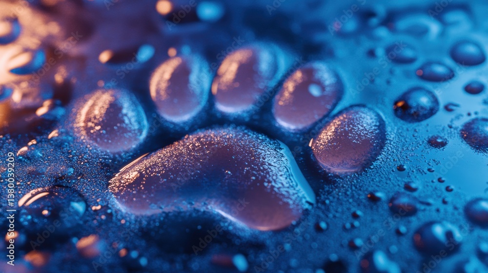 Poster close-up of a cute soap paw print on glossy surface with vibrant lighting showcasing a modern concep