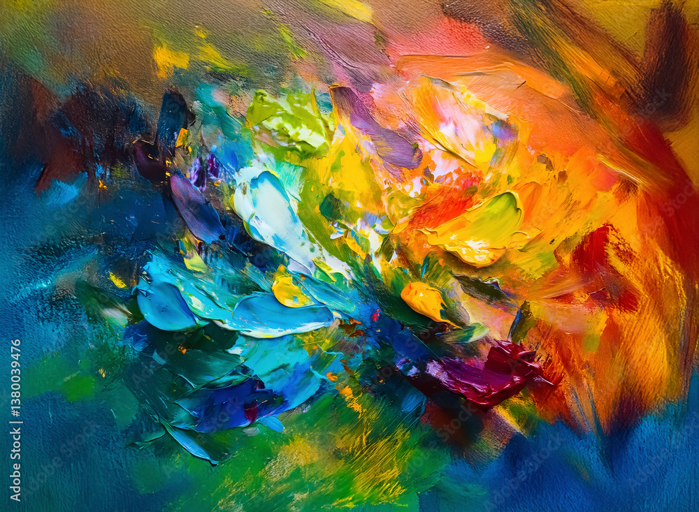 Poster Hints:  The image depicts vibrant, textured brushstrokes of various colors. It's an abstract display of light and shape.

Abstract composition bursts with energetic brushstrokes. A colorful painting w