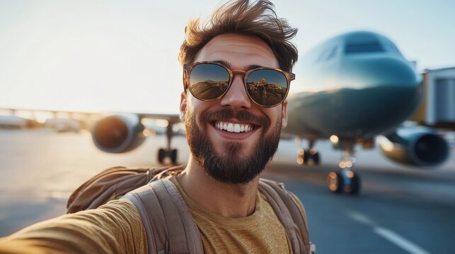 Excited Traveler Taking Selfie with Smartphone, Airplane in Background. Vacation, Holidays, Travel