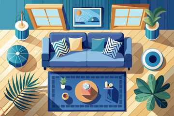 vector of stylish top view of a minimalist living room featuring a blue sofa on a parquet floor, showcasing modern boho design aesthetics