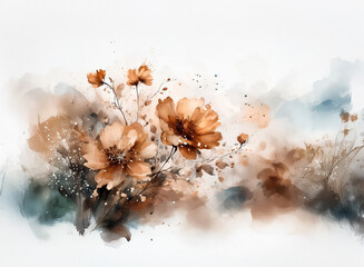 Watercolor depiction of warm-toned flowers on a white background, with hints of teal and brown washes suggesting landscape elements. The arrangement feels dreamy and organic, with a sense of movement.