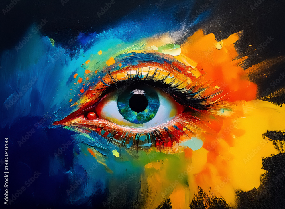 Poster vibrant eye gazes intensely, surrounded by an explosion of colorful paint. brushstrokes create a dyn