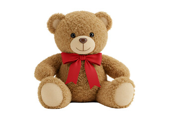 Obraz premium Soft Plush Teddy Bear with Red Bow for Gift, Isolated on White