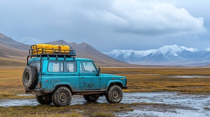 A vintage offroad vehicle parked on a grassy plain near mountains