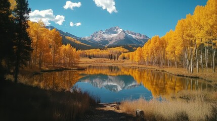 Fototapeta premium Autumn mountain lake with vibrant yellow aspens and snow-capped peaks under blue sky
