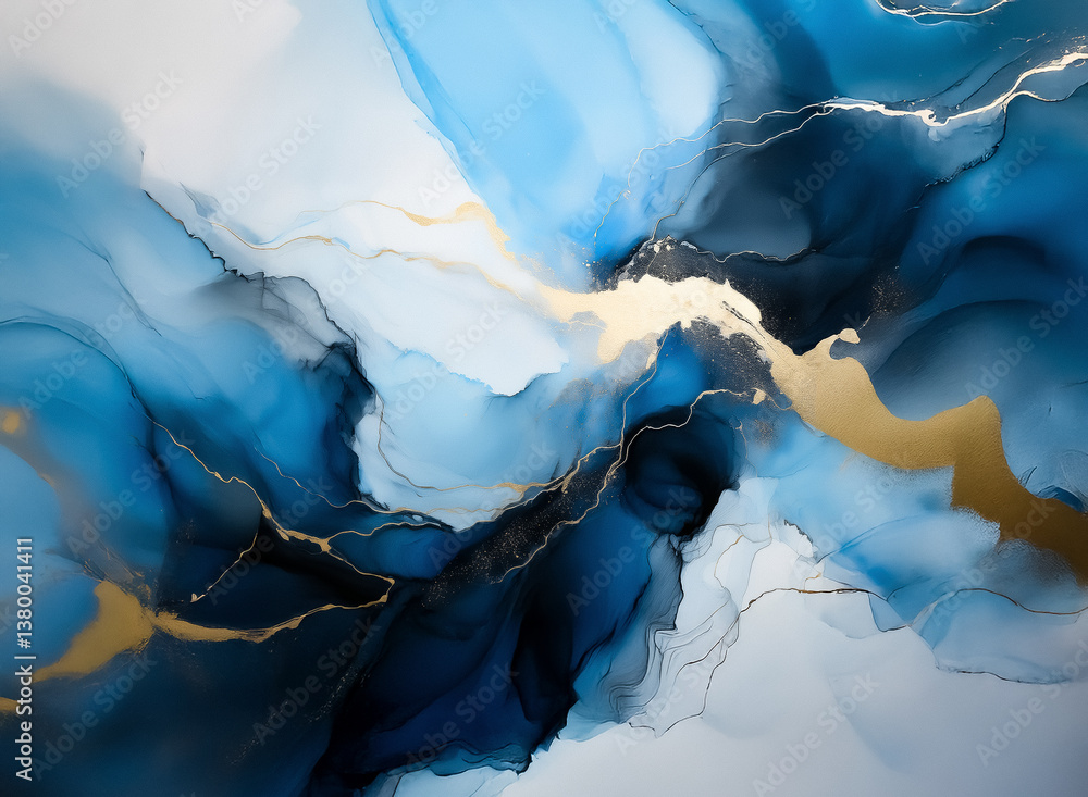 Poster Abstract painting with swirling shades of blue, white and gold.  Fluid forms create a dynamic and elegant composition with a marbled, ink-like texture.