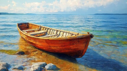 Serene wooden boat on clear lake water under blue sky with white clouds