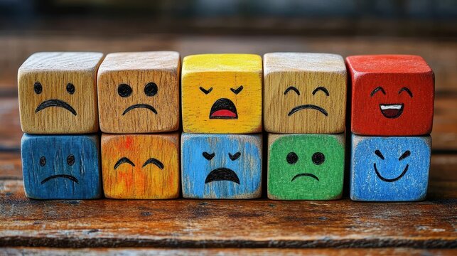 Colorful wooden blocks with diverse facial expressions displaying emotions