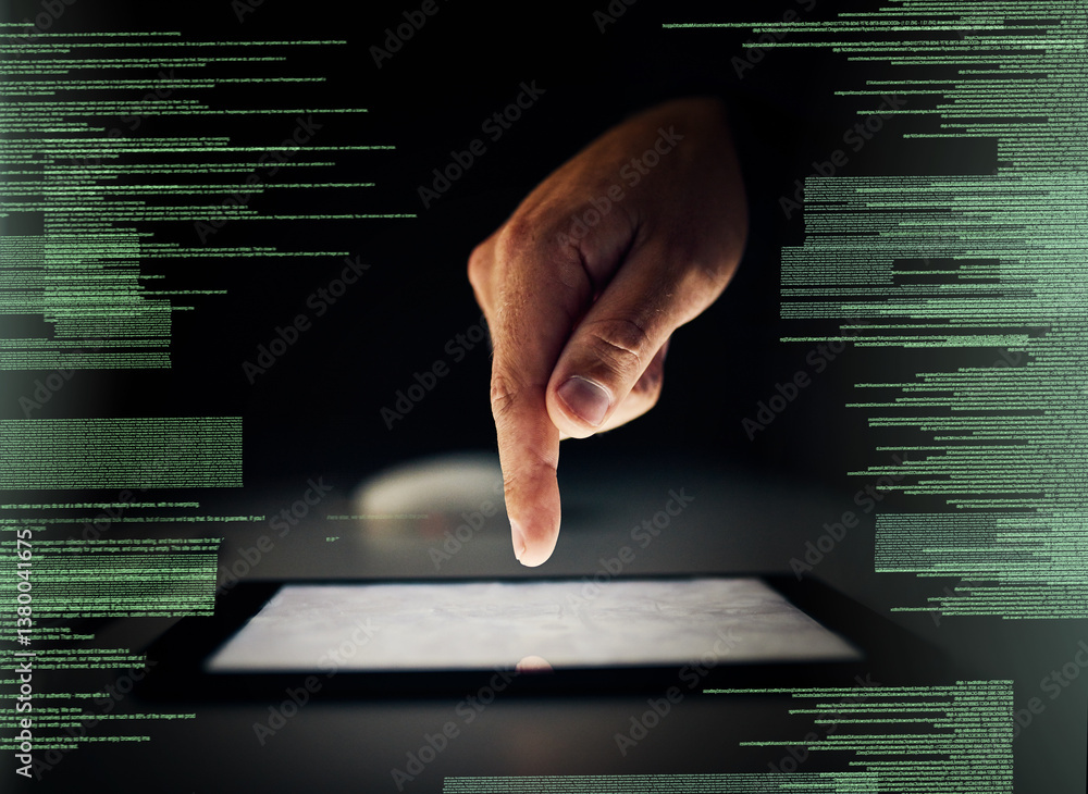 Poster hacker, coding and finger in night with tablet, hologram and information technology, criminal and pe