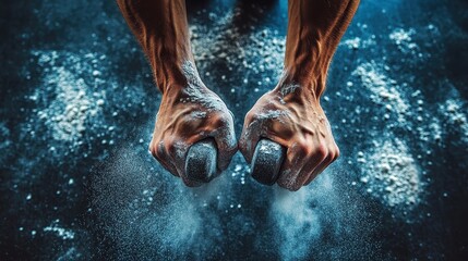 Close-up of hands gripping chalked dumbbells with dust on dark background