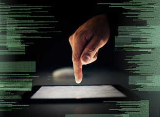 Hacker, coding and finger in night with tablet, hologram and information technology, criminal and...