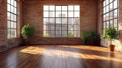 Naklejka premium Sunlit industrial loft with brick walls and hardwood floors overlooking cityscape
