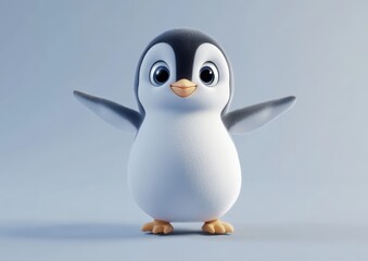 Fototapeta premium Cute Penguin in Joyful Pose: A charming cartoon penguin with a curious gaze extends its wings in a pose of playful happiness. Capture the pure joy and innocent charm of this adorable bird.