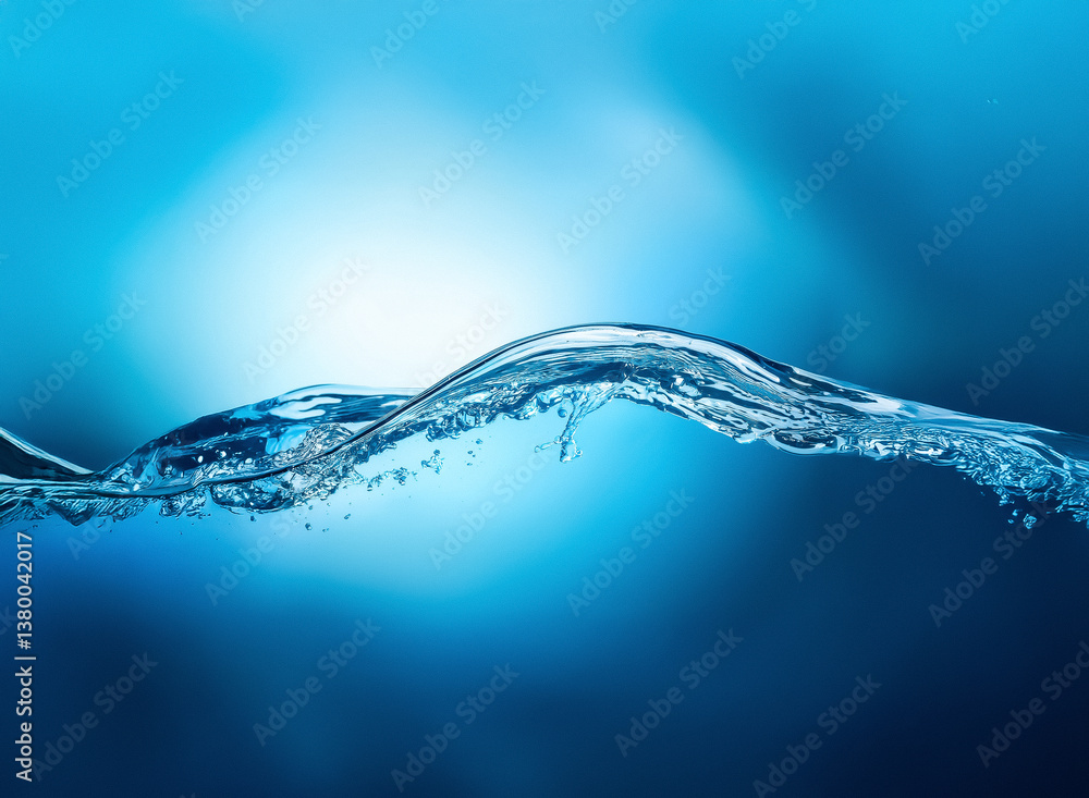 Poster Clear, smooth blue water surface with gentle wave. The light reflects creating a bright spot, suggesting purity and freshness. Ideal for backgrounds or representing tranquility.