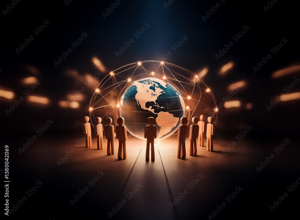 Fototapete Figures surround glowing globe with network connections, symbolizing global teamwork and futuristic digital communication in a dark setting.