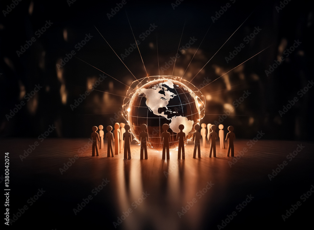 Poster Silhouette people figures surround a glowing earth globe, symbolizing global connections. Network lines illuminate the globe against a dark background, representing community and unity.