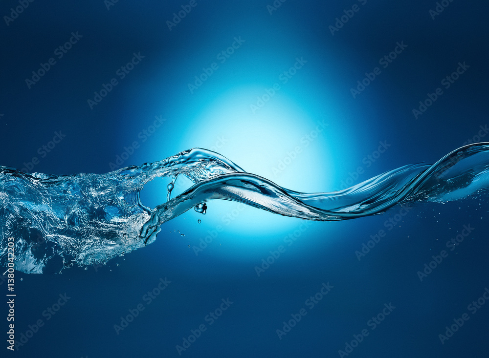 Leinwandbilder A captivating close-up shows a wave cresting against a gradient blue backdrop. Clear water with light reflections creates dynamic highlights and shadows, conveying motion and freshness.