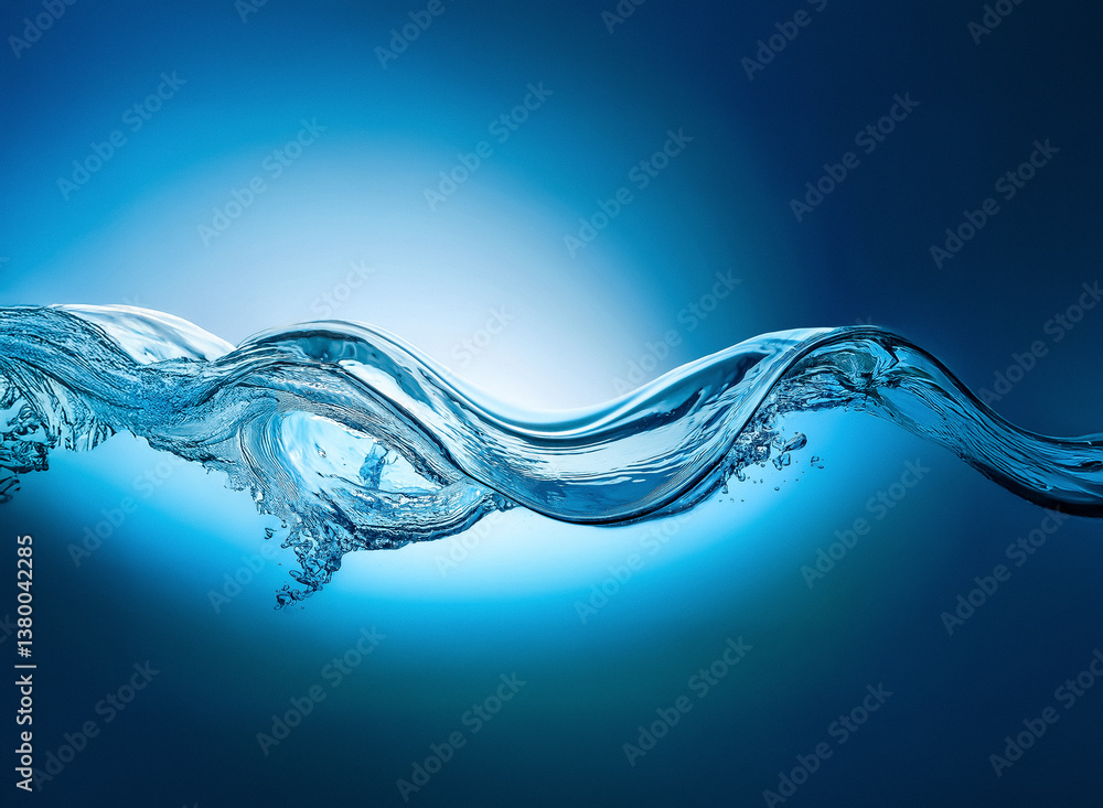 Poster Clear water wave in motion against a gradient blue background. The fluid curves and reflects light creating a dynamic and refreshing image.