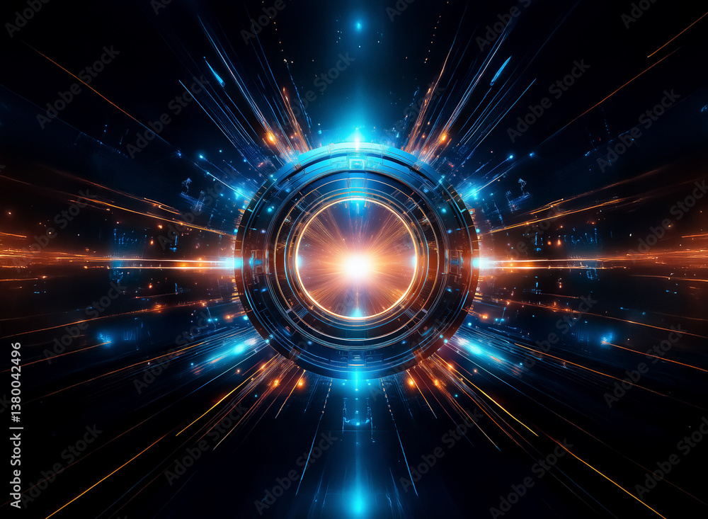 Aufkleber Abstract futuristic design shows a central glowing circle with radial light rays in blue and orange colors against a dark backdrop, creating a vibrant and dynamic visual.